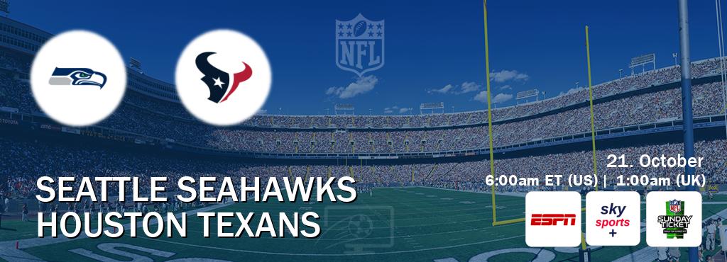 You can watch game live between Seattle Seahawks and Houston Texans on ESPN(AU), Sky Sports+(UK), NFL Sunday Ticket(US). You can watch game live between Seattle Seahawks and Houston Texans on ESPN(AU), Sky Sports+(UK), NFL Sunday Ticket(US).