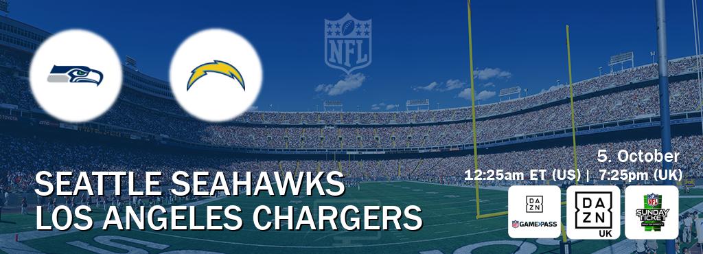 You can watch game live between Seattle Seahawks and Los Angeles Chargers on DAZN NFL Game Pass, DAZN UK(UK), NFL Sunday Ticket(US).
