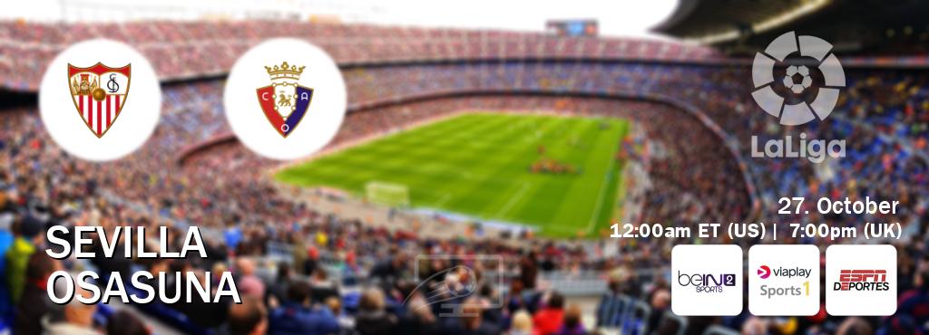 You can watch game live between Sevilla and Osasuna on beIN SPORTS 2(AU), Viaplay Sports 1(UK), ESPN Deportes(US). You can watch game live between Sevilla and Osasuna on beIN SPORTS 2(AU), Viaplay Sports 1(UK), ESPN Deportes(US).