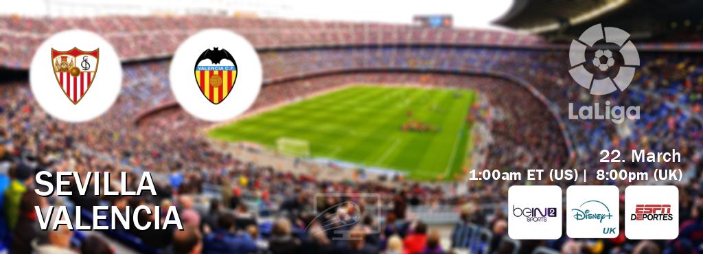 You can watch game live between Sevilla and Valencia on beIN SPORTS 2(AU), Disney+ UK(UK), ESPN Deportes(US). You can watch game live between Sevilla and Valencia on beIN SPORTS 2(AU), Disney+ UK(UK), ESPN Deportes(US).