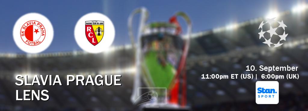 You can watch game live between Slavia Prague and Lens on Stan Sport(AU). You can watch game live between Slavia Prague and Lens on Stan Sport(AU).