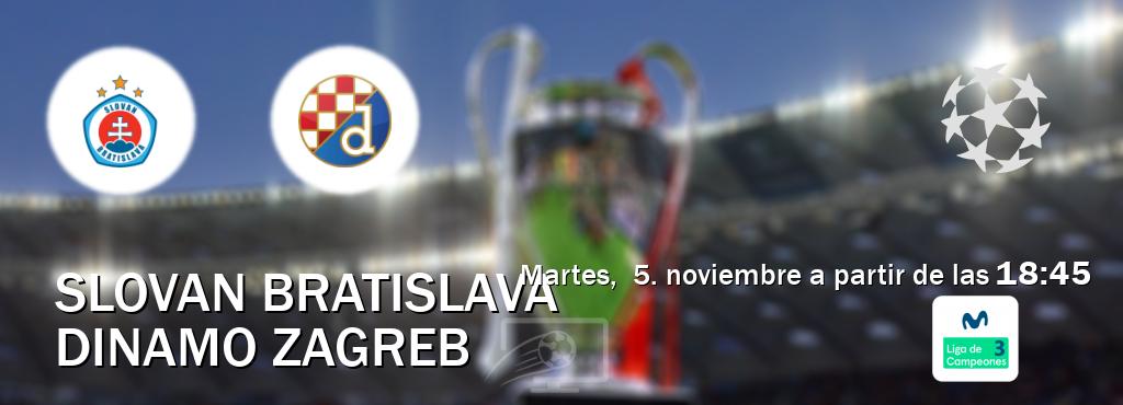 El partido entre Slovan Bratislava y Dinamo Zagreb será retransmitido por Movistar Liga de Campeones 3 (martes,  5. noviembre a partir de las  18:45).