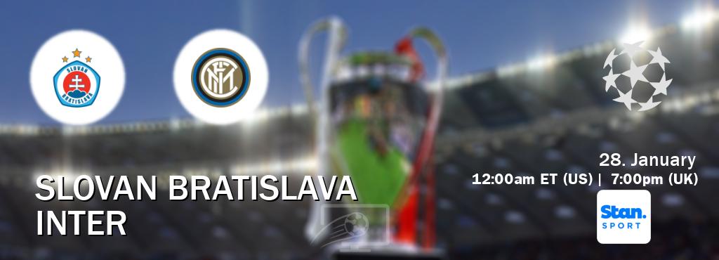 You can watch game live between Slovan Bratislava and Inter on Stan Sport(AU). You can watch game live between Slovan Bratislava and Inter on Stan Sport(AU).