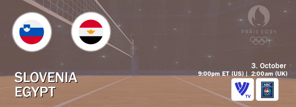 You can watch game live between Slovenia and Egypt on Volleyball TV and NBC Olympics(US).