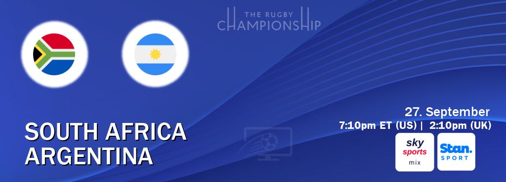 You can watch game live between South Africa and Argentina on Sky Sports Mix(UK) and Stan Sport(AU). You can watch game live between South Africa and Argentina on Sky Sports Mix(UK) and Stan Sport(AU).