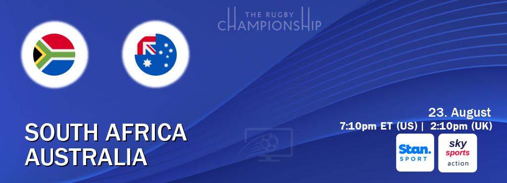 You can watch game live between South Africa and Australia on Stan Sport(AU) and Sky Sports Action(UK). You can watch game live between South Africa and Australia on Stan Sport(AU) and Sky Sports Action(UK).