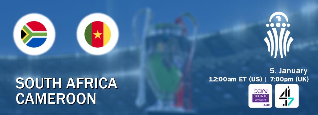 You can watch game live between South Africa and Cameroon on beIN Sports Connect(AU) and 4seven(UK). You can watch game live between South Africa and Cameroon on beIN Sports Connect(AU) and 4seven(UK).
