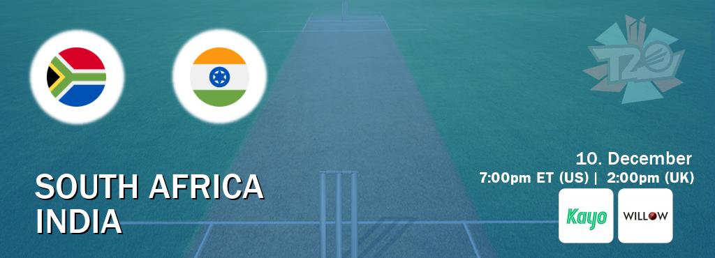 You can watch game live between South Africa and India on Kayo Sports(AU) and Willov TV(US).