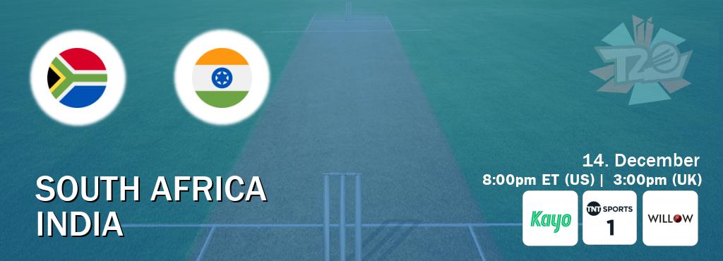 You can watch game live between South Africa and India on Kayo Sports(AU), TNT Sports 1(UK), Willov TV(US).