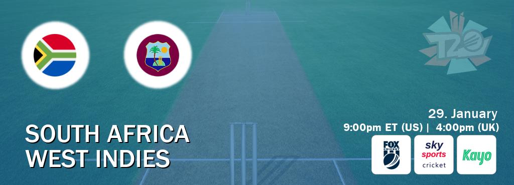 You can watch game live between South Africa and West Indies on Fox Cricket(AU), Sky Sports Cricket(UK), Kayo Sports(AU).