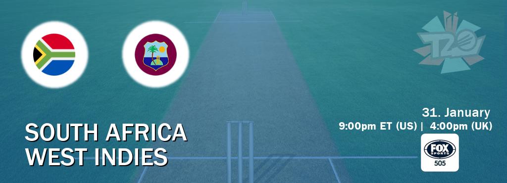 You can watch game live between South Africa and West Indies on Fox Sports 505(AU).