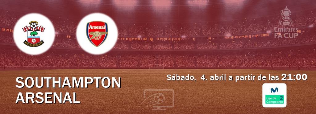 El partido entre Southampton y Arsenal será retransmitido por Movistar Liga de Campeones 2 (sábado,  4. abril a partir de las  21:00).