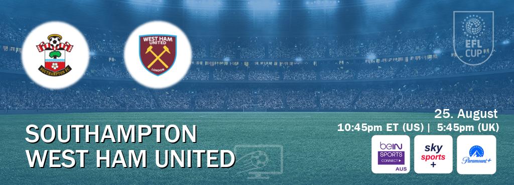 You can watch game live between Southampton and West Ham United on beIN Sports Connect(AU), Sky Sports+(UK), Paramount+(US). You can watch game live between Southampton and West Ham United on beIN Sports Connect(AU), Sky Sports+(UK), Paramount+(US).