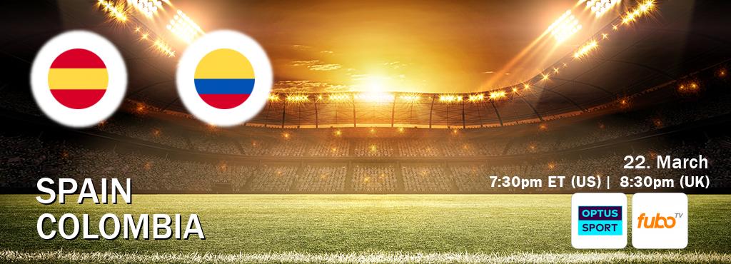 You can watch game live between Spain and Colombia on Optus sport(AU) and fuboTV(US).