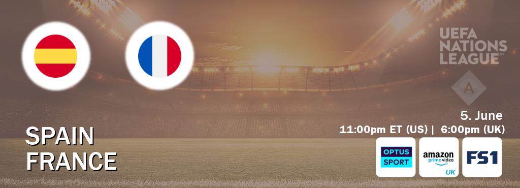 You can watch game live between Spain and France on Optus sport(AU), Amazon Prime Video UK(UK), FOX Sports 1(US). You can watch game live between Spain and France on Optus sport(AU), Amazon Prime Video UK(UK), FOX Sports 1(US).