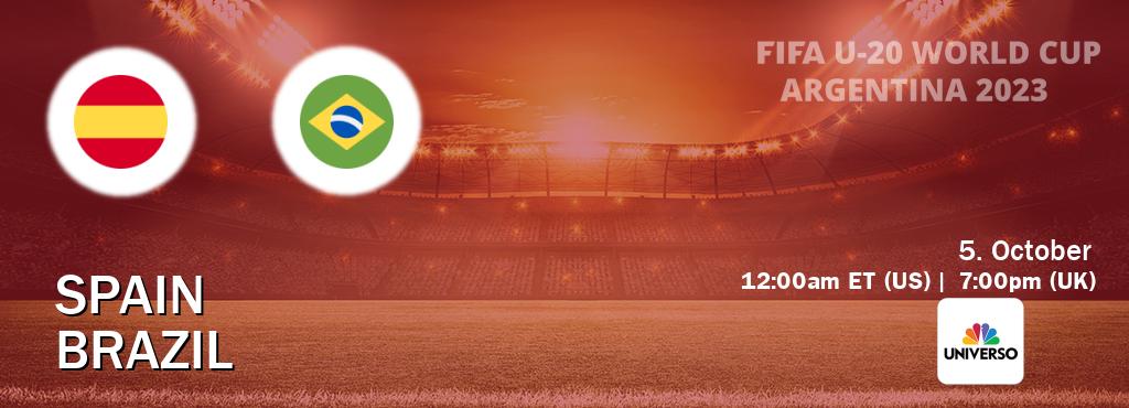 You can watch game live between Spain U20 and Brazil U20 on UNIVERSO(US). You can watch game live between Spain U20 and Brazil U20 on UNIVERSO(US).
