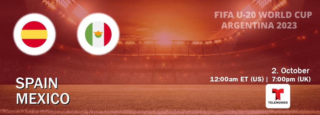 You can watch game live between Spain U20 and Mexico U20 on Telemundo(US). You can watch game live between Spain U20 and Mexico U20 on Telemundo(US).