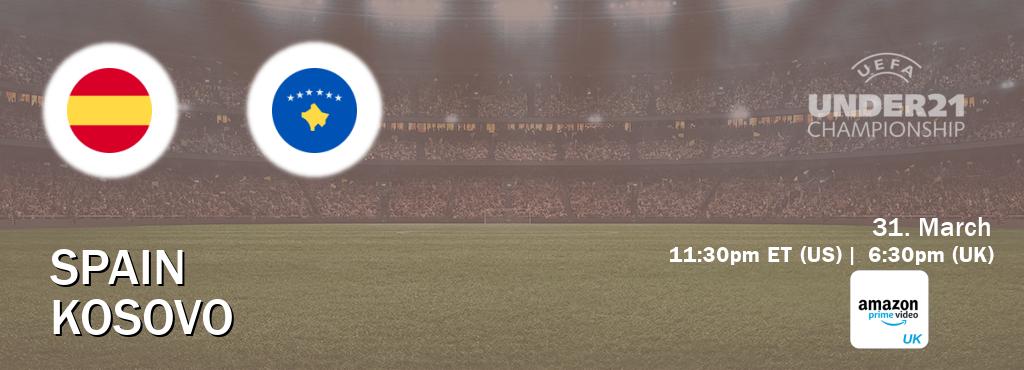 You can watch game live between Spain U21 and Kosovo U21 on Amazon Prime Video UK(UK).
