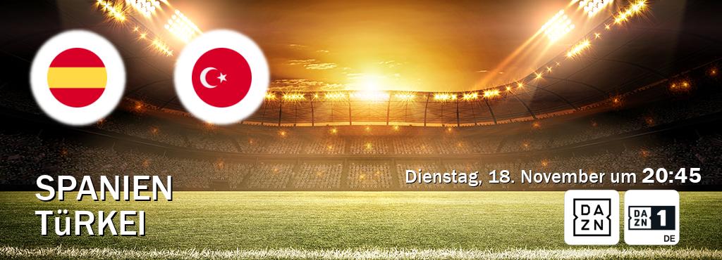 Das Spiel zwischen Spanien und Türkei wird am Dienstag, 18. November um 20:45, live vom DAZN und DAZN 1 Deutschland übertragen. Das Spiel zwischen Spanien und Türkei wird am Dienstag, 18. November um 20:45, live vom DAZN und DAZN 1 Deutschland übertragen.