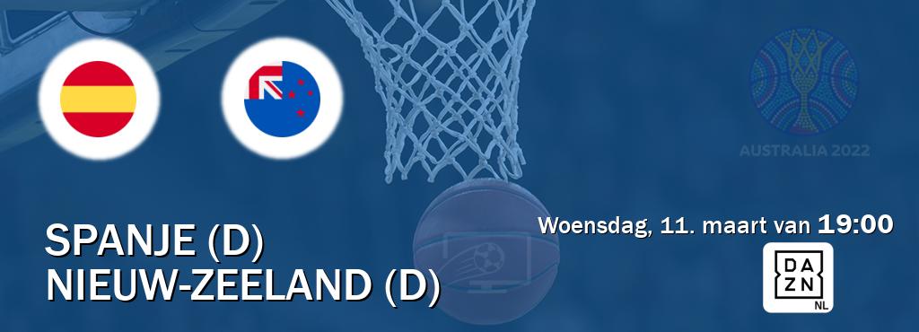Wedstrijd tussen Spanje (D) en Nieuw-Zeeland (D) live op tv bij DAZN (woensdag, 11. maart van 19:00). Wedstrijd tussen Spanje (D) en Nieuw-Zeeland (D) live op tv bij DAZN (woensdag, 11. maart van 19:00).