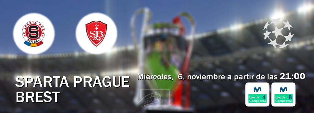 El partido entre Sparta Prague y Brest será retransmitido por Movistar Liga de Campeones 4 y Movistar Liga de Campeones 8 (miércoles,  6. noviembre a partir de las  21:00).