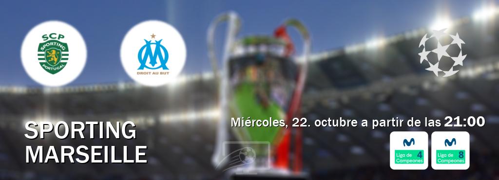 El partido entre Sporting y Marseille será retransmitido por Movistar Liga de Campeones 4 y Movistar Liga de Campeones 8 (miércoles, 22. octubre a partir de las 21:00). El partido entre Sporting y Marseille será retransmitido por Movistar Liga de Campeones 4 y Movistar Liga de Campeones 8 (miércoles, 22. octubre a partir de las 21:00).