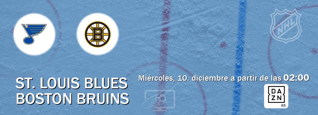 El partido entre St. Louis Blues y Boston Bruins será retransmitido por DAZN España (miércoles, 10. diciembre a partir de las  02:00).