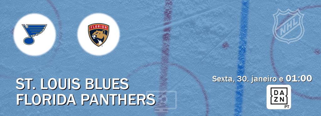 Jogo entre St. Louis Blues e Florida Panthers tem emissão DAZN (sexta, 30. janeiro e  01:00).