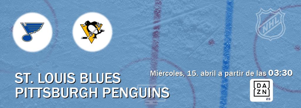 El partido entre St. Louis Blues y Pittsburgh Penguins será retransmitido por DAZN España (miércoles, 15. abril a partir de las  03:30).