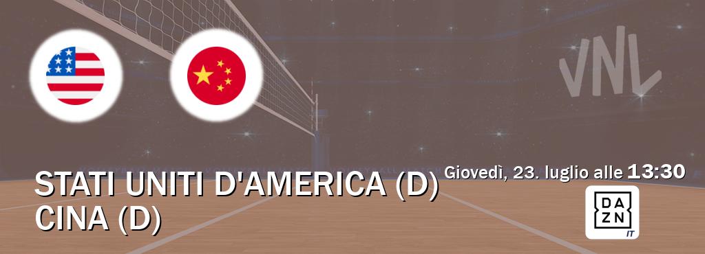 Il match Stati Uniti d'America (D) - Cina (D) sarà trasmesso in diretta TV su DAZN Italia (ore 13:30) Il match Stati Uniti d'America (D) - Cina (D) sarà trasmesso in diretta TV su DAZN Italia (ore 13:30)