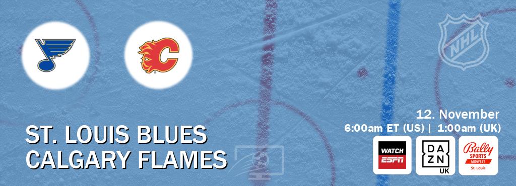 You can watch game live between St. Louis Blues and Calgary Flames on WatchESPN(AU), DAZN UK(UK), Bally Sports St. Louis(US). You can watch game live between St. Louis Blues and Calgary Flames on WatchESPN(AU), DAZN UK(UK), Bally Sports St. Louis(US).