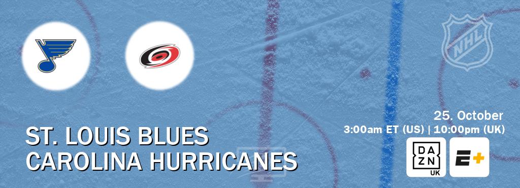 You can watch game live between St. Louis Blues and Carolina Hurricanes on DAZN UK(UK) and ESPN+(US). You can watch game live between St. Louis Blues and Carolina Hurricanes on DAZN UK(UK) and ESPN+(US).