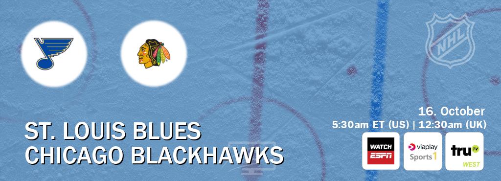 You can watch game live between St. Louis Blues and Chicago Blackhawks on WatchESPN(AU), Viaplay Sports 1(UK), truTV West(US). You can watch game live between St. Louis Blues and Chicago Blackhawks on WatchESPN(AU), Viaplay Sports 1(UK), truTV West(US).