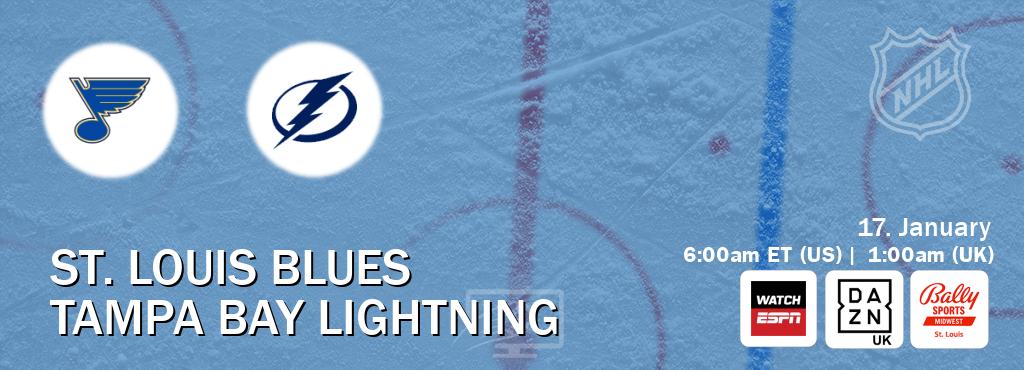 You can watch game live between St. Louis Blues and Tampa Bay Lightning on WatchESPN(AU), DAZN UK(UK), Bally Sports St. Louis(US). You can watch game live between St. Louis Blues and Tampa Bay Lightning on WatchESPN(AU), DAZN UK(UK), Bally Sports St. Louis(US).