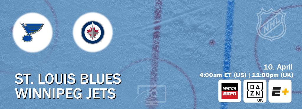 You can watch game live between St. Louis Blues and Winnipeg Jets on WatchESPN(AU), DAZN UK(UK), ESPN+(US).