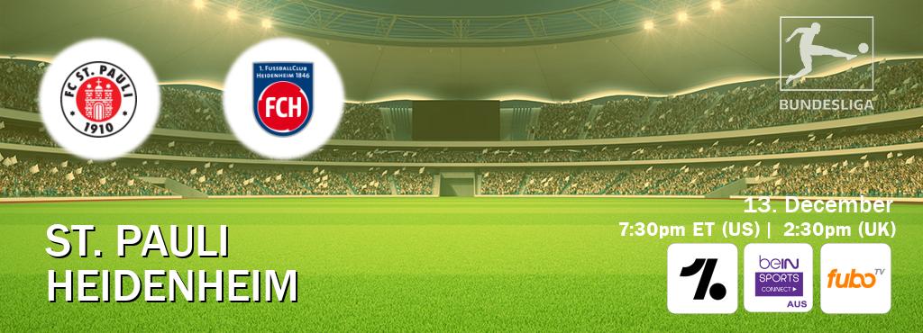 You can watch game live between St. Pauli and Heidenheim on OneFootball, beIN Sports Connect(AU), fuboTV(US). You can watch game live between St. Pauli and Heidenheim on OneFootball, beIN Sports Connect(AU), fuboTV(US).