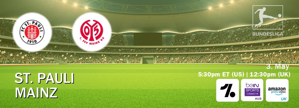You can watch game live between St. Pauli and Mainz on OneFootball, beIN Sports Connect(AU), Amazon Prime Video UK(UK).