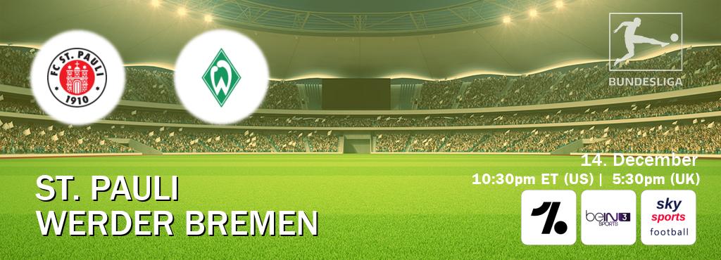 You can watch game live between St. Pauli and Werder Bremen on OneFootball, beIN SPORTS 3(AU), Sky Sports Football(UK).