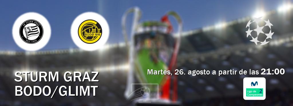 El partido entre Sturm Graz y Bodo/Glimt será retransmitido por Movistar Liga de Campeones 2 (martes, 26. agosto a partir de las 21:00). El partido entre Sturm Graz y Bodo/Glimt será retransmitido por Movistar Liga de Campeones 2 (martes, 26. agosto a partir de las 21:00).