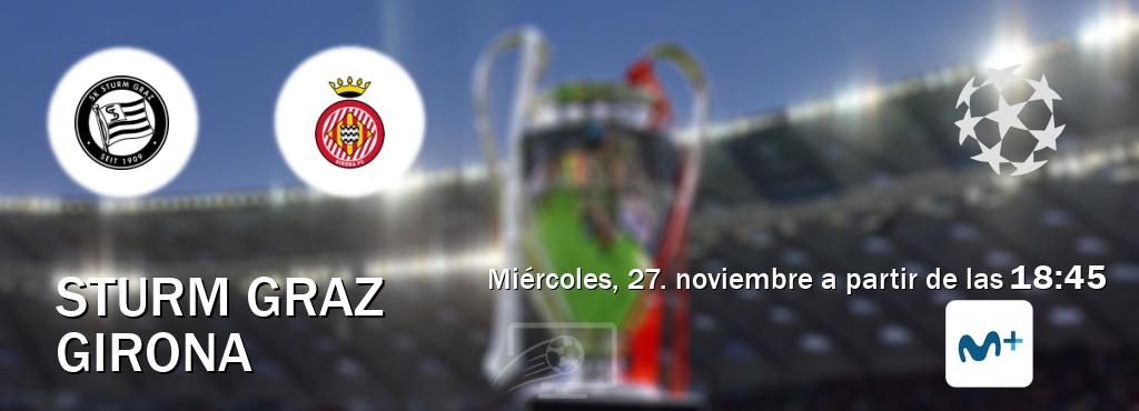 El partido entre Sturm Graz y Girona será retransmitido por Movistar Liga de Campeones  (miércoles, 27. noviembre a partir de las  18:45).