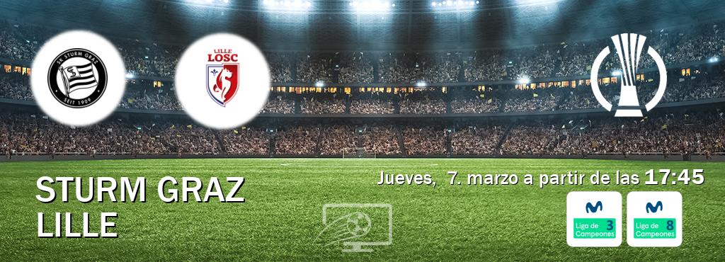 El partido entre Sturm Graz y Lille será retransmitido por Movistar Liga de Campeones 3 y Movistar Liga de Campeones 8 (jueves,  7. marzo a partir de las  17:45).