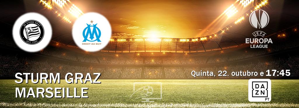 Jogo entre Sturm Graz e Marseille tem emissão DAZN (quinta, 22. outubro e  17:45).