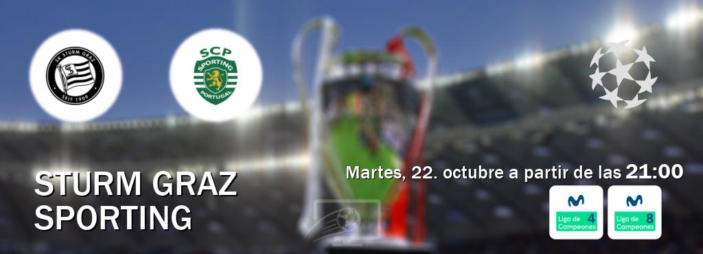 El partido entre Sturm Graz y Sporting será retransmitido por Movistar Liga de Campeones 4 y Movistar Liga de Campeones 8 (martes, 22. octubre a partir de las  21:00).