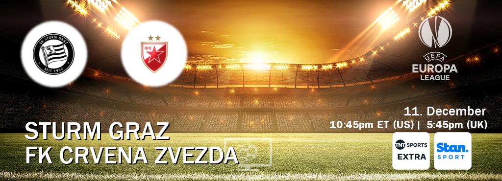 You can watch game live between Sturm Graz and FK Crvena zvezda on TNT Sports Extra(UK) and Stan Sport(AU). You can watch game live between Sturm Graz and FK Crvena zvezda on TNT Sports Extra(UK) and Stan Sport(AU).