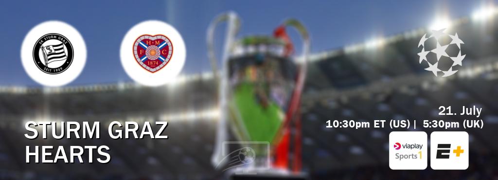 You can watch game live between Sturm Graz and Hearts on Viaplay Sports 1(UK) and ESPN+(US). You can watch game live between Sturm Graz and Hearts on Viaplay Sports 1(UK) and ESPN+(US).