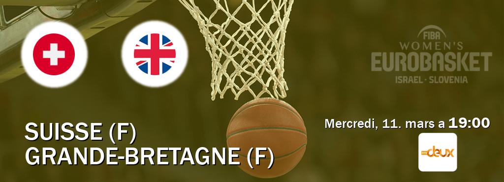 Match entre Suisse (F) et Grande-Bretagne (F) en direct à la RTS 2 (mercredi, 11. mars a 19:00). Match entre Suisse (F) et Grande-Bretagne (F) en direct à la RTS 2 (mercredi, 11. mars a 19:00).