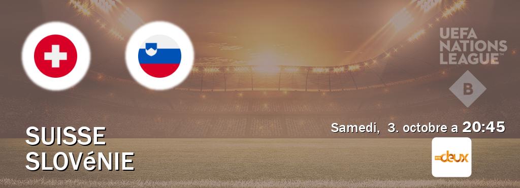 Match entre Suisse et Slovénie en direct à la RTS 2 (samedi, 3. octobre a 20:45). Match entre Suisse et Slovénie en direct à la RTS 2 (samedi, 3. octobre a 20:45).