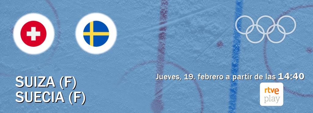 El partido entre Suiza (F) y Suecia (F) será retransmitido por RTVE Play (jueves, 19. febrero a partir de las  14:40).