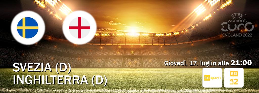 Il match Svezia (D) - Inghilterra (D) sarà trasmesso in diretta TV su Rai Sport e RSI La 2 (ore 21:00) Il match Svezia (D) - Inghilterra (D) sarà trasmesso in diretta TV su Rai Sport e RSI La 2 (ore 21:00)