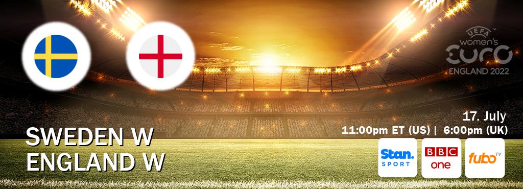 You can watch game live between Sweden W and England W on Stan Sport(AU), BBC One(UK), fuboTV(US). You can watch game live between Sweden W and England W on Stan Sport(AU), BBC One(UK), fuboTV(US).